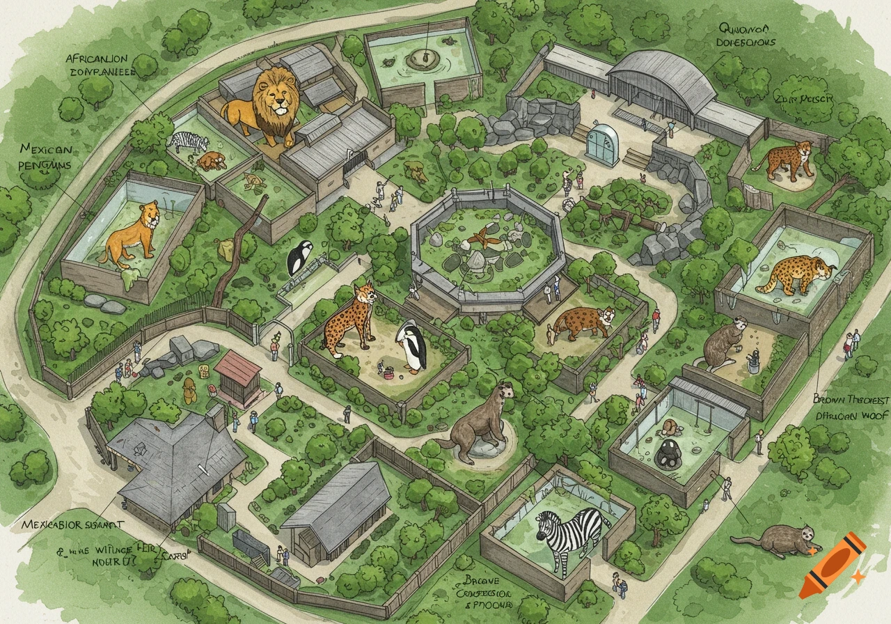 Overhead illustrated map of a zoo layout with various animal exhibits and buildings.