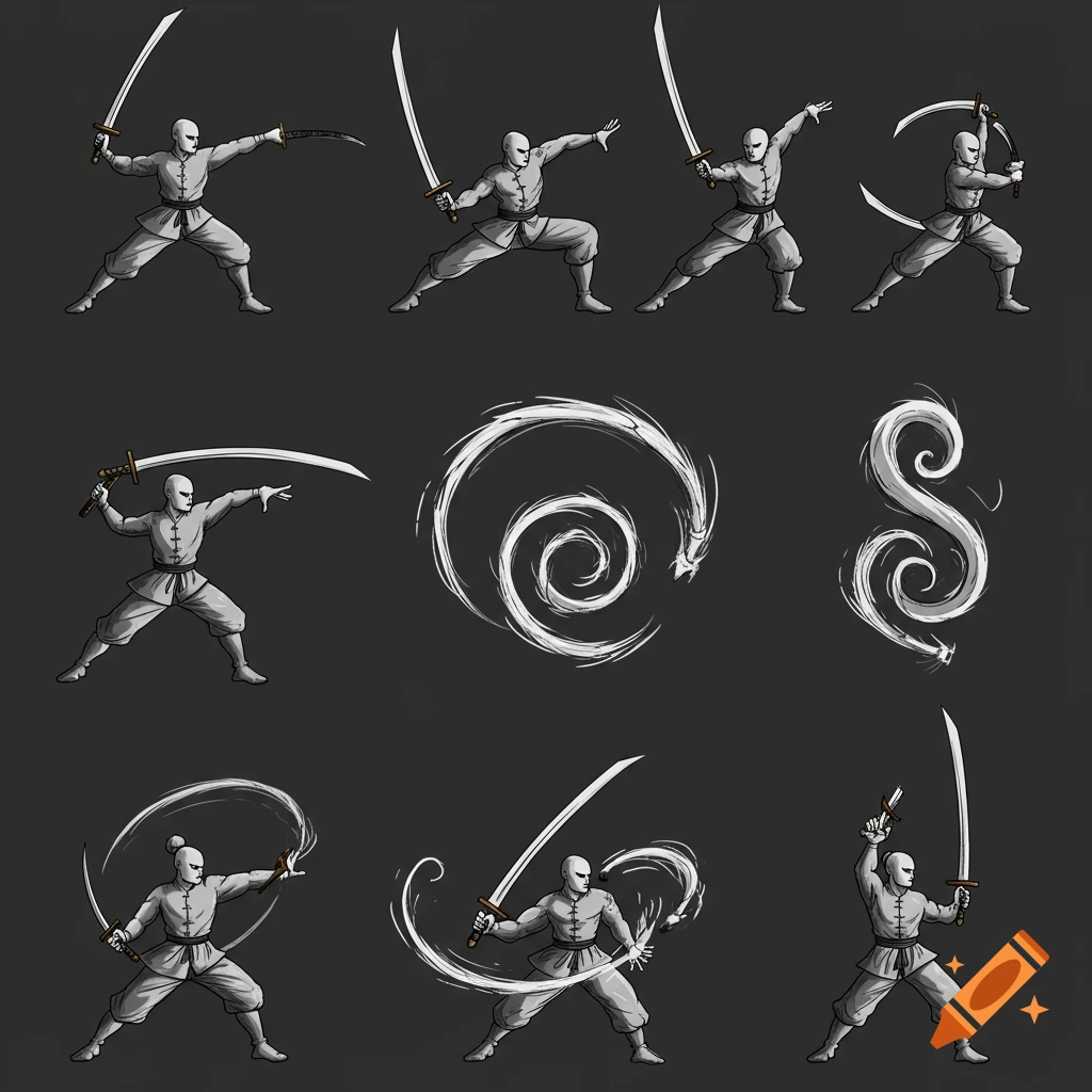 Illustrations of a person performing various martial arts sword maneuvers and motion effects.