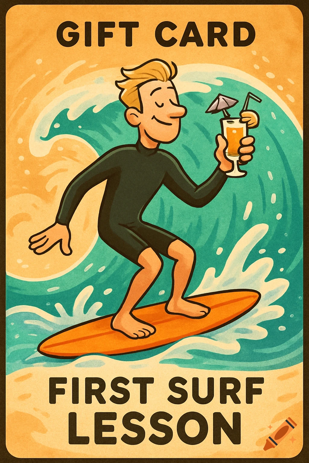 Cartoon illustration of a surfer on a wave holding a drink, with text 'GIFT CARD' and 'FIRST SURF LESSON'.