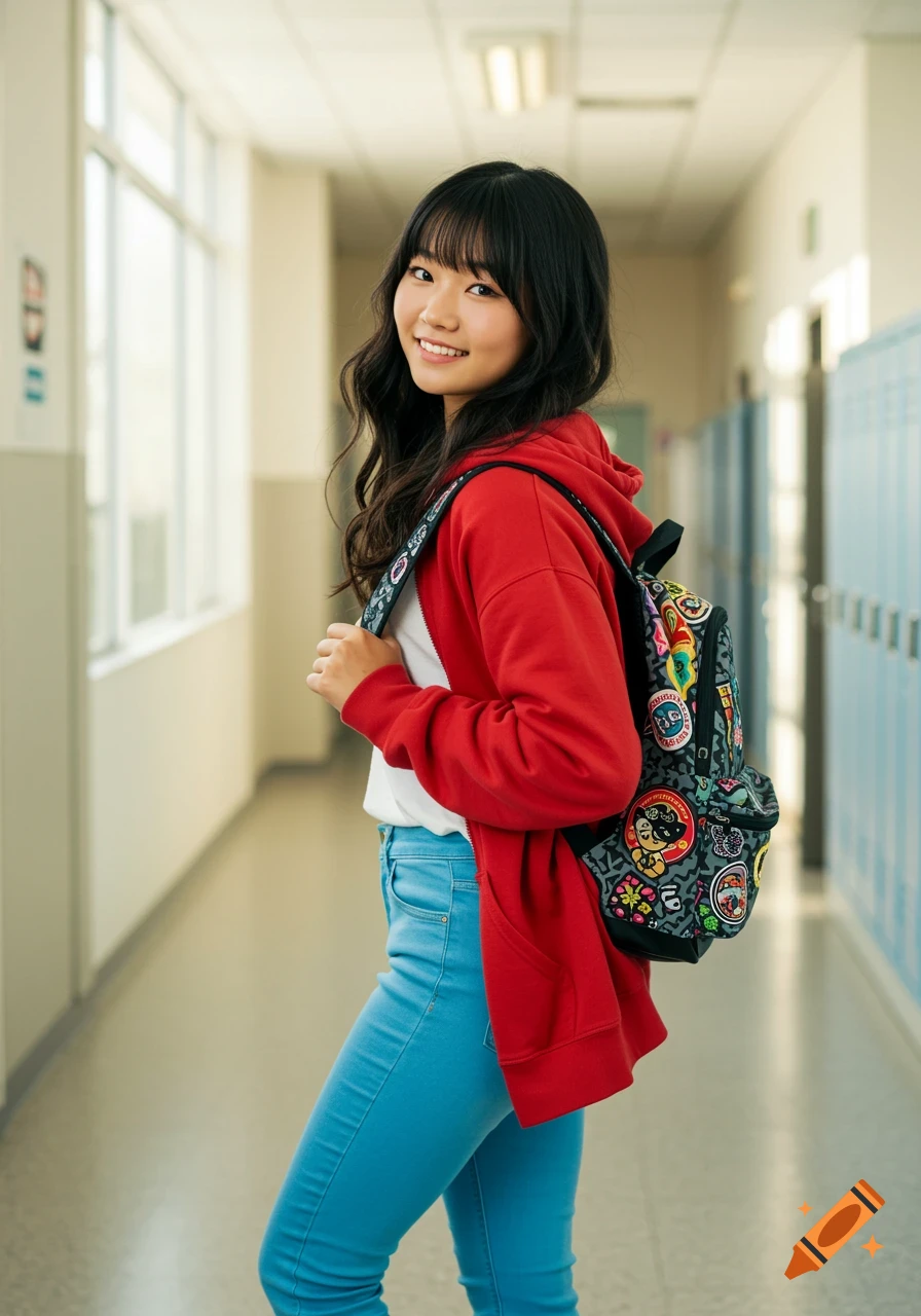 Young student with a backpack standing in a school hallway.