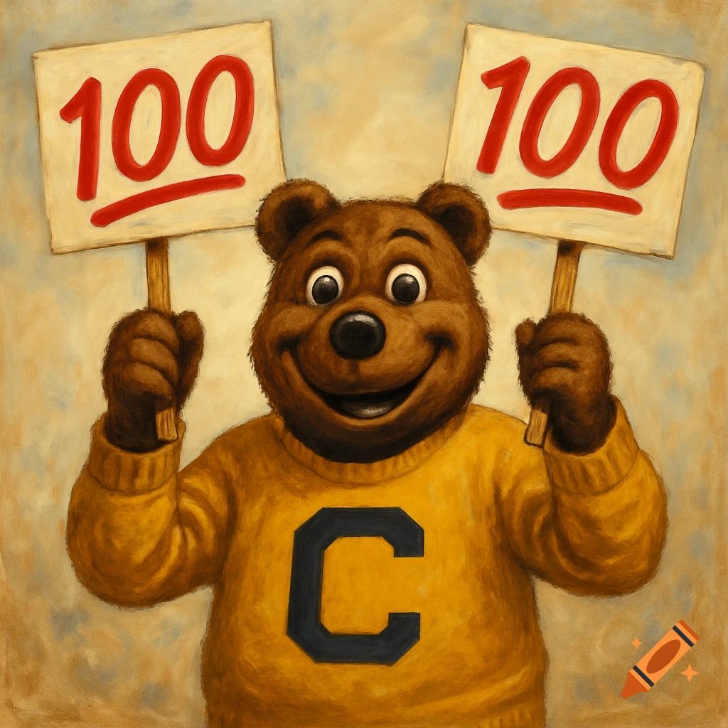 An oil painting illustration of a happy bear mascot in a yellow sweater holding up two signs that both say "100".