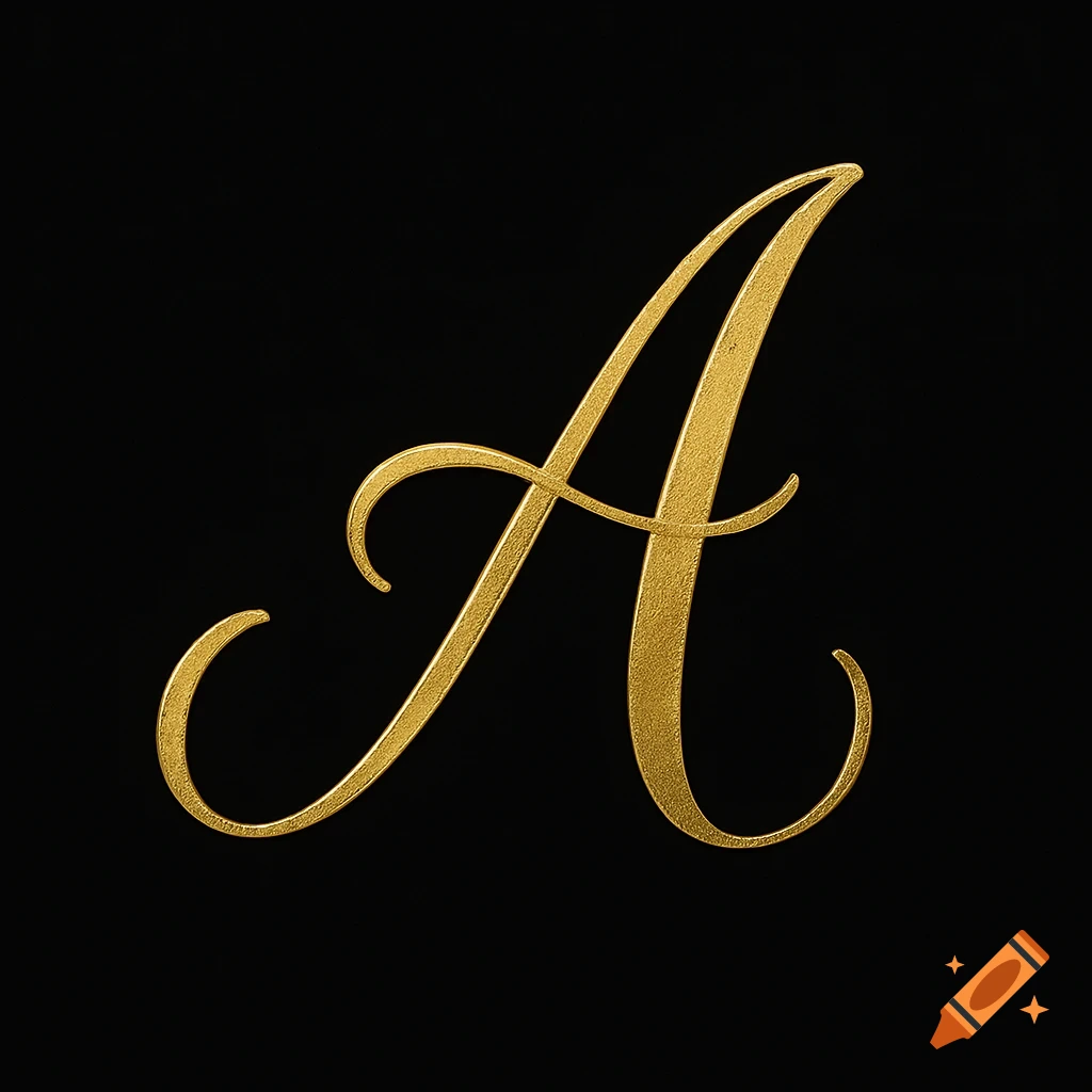 Gold script capital letter A on black background