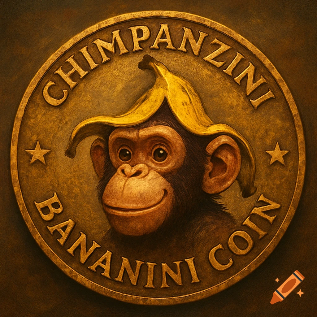 Stylized gold coin featuring a chimpanzee wearing a banana peel hat and text.