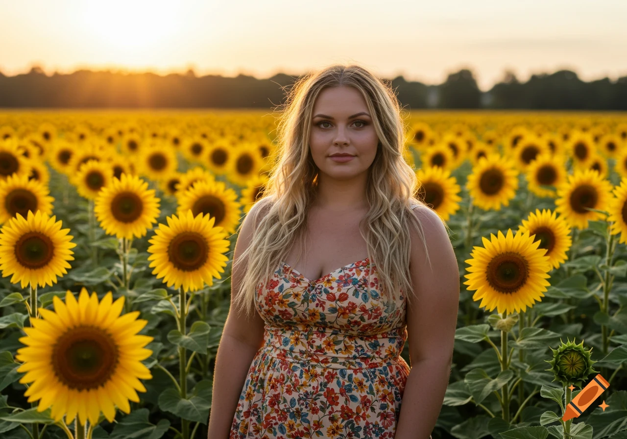 A woman stands in a field of sunflowers at sunset.
