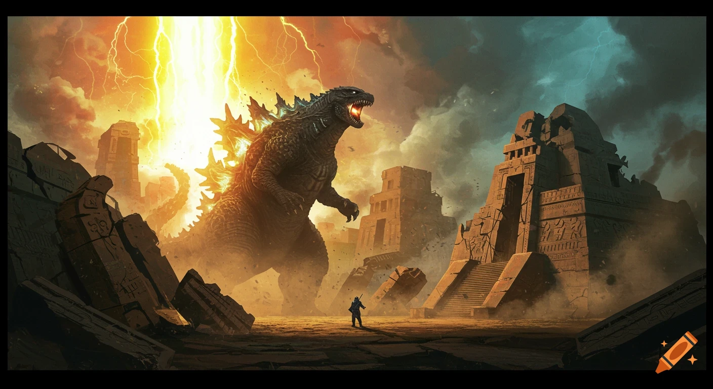 Godzilla battles in an ancient city as lightning strikes, watched by a lone figure.