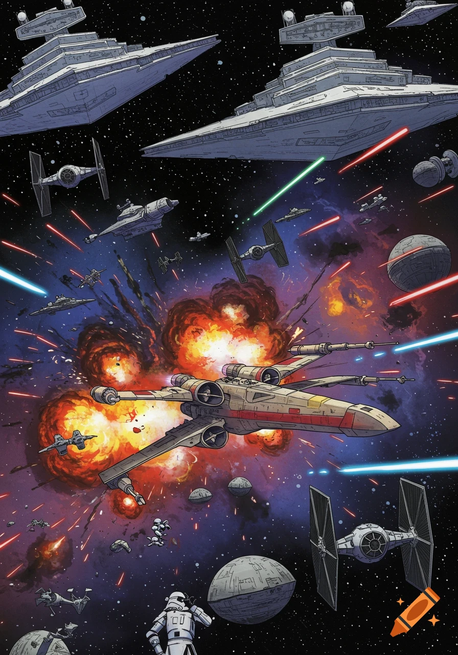 Illustration of a Star Wars space battle with X-wings, TIE
