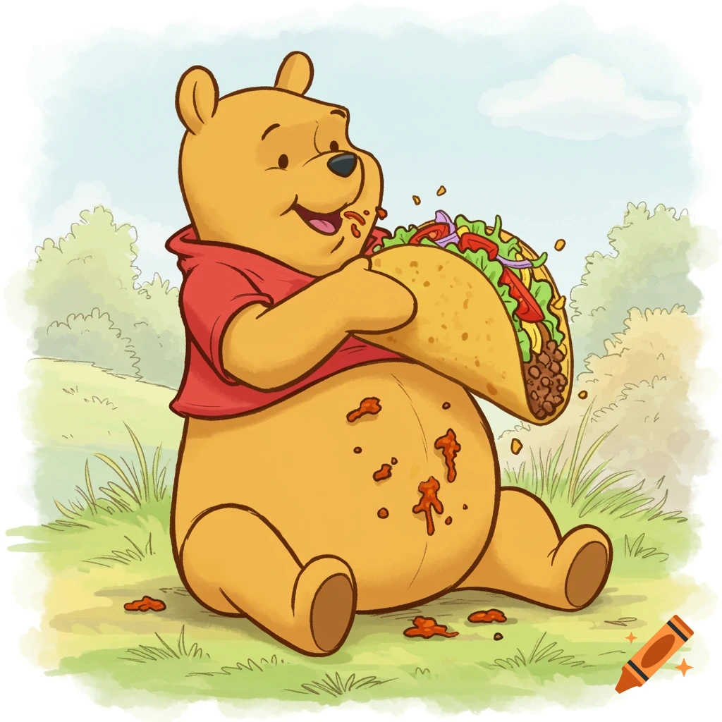 Cartoon Winnie the Pooh sitting in a field, happily eating a large taco