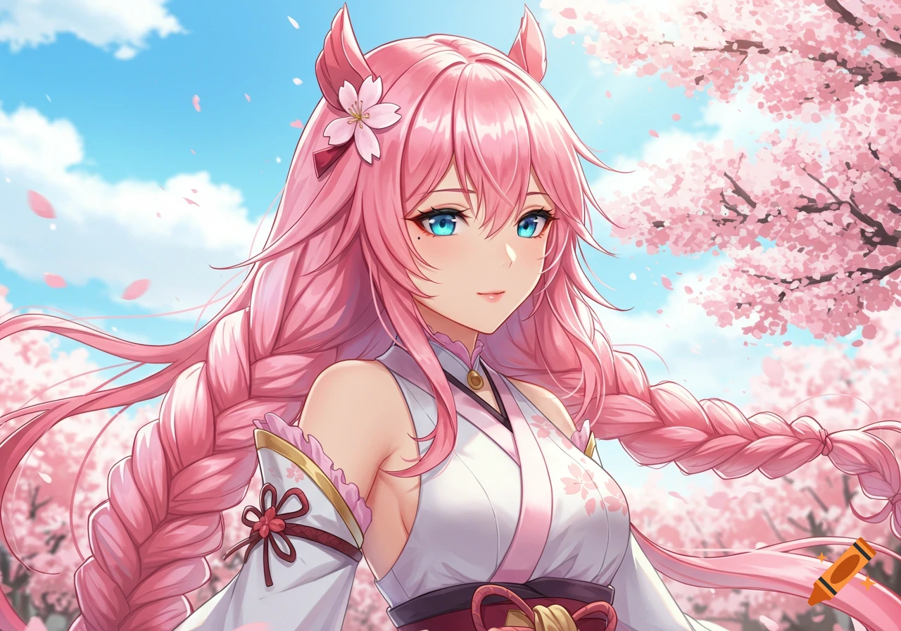 Pink-haired anime girl with animal ears standing among cherry blossoms.