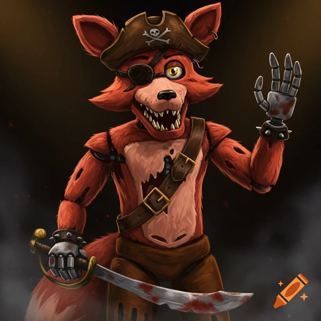 A red pirate fox animatronic holding a bloody sword and waving.