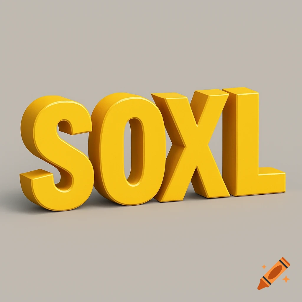 3D rendering of the bold yellow letters SOXL on a gray background.