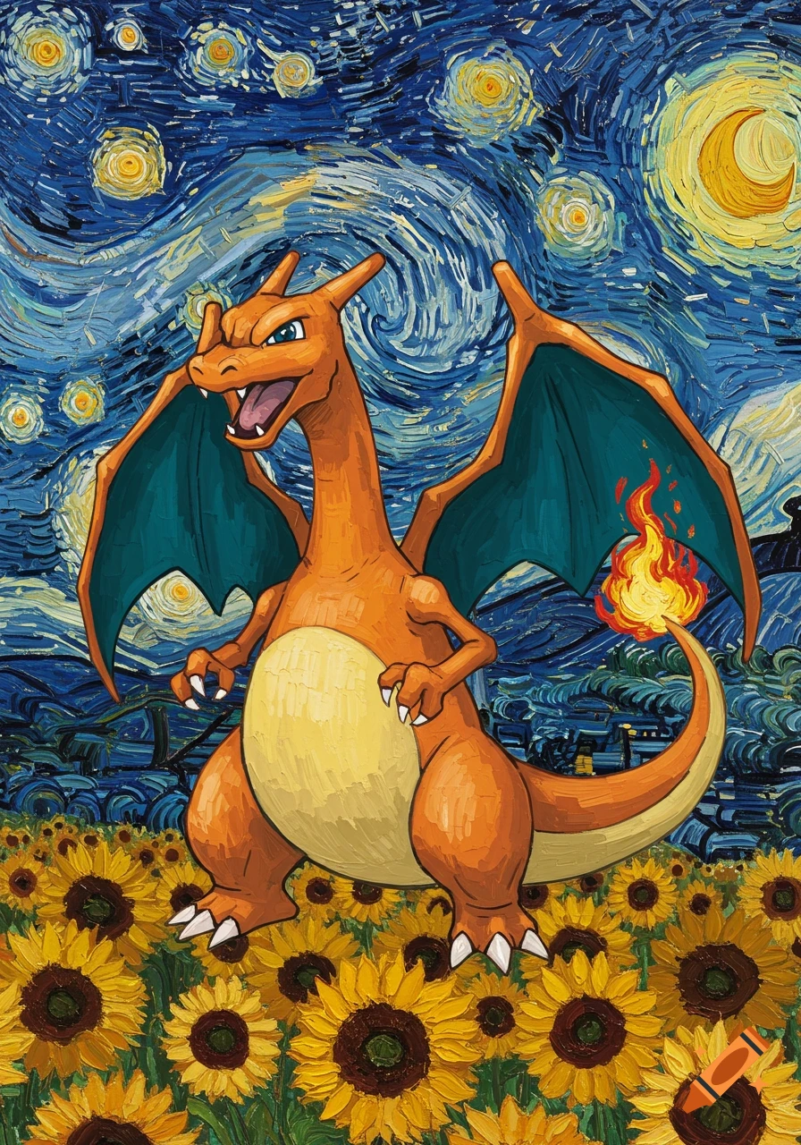 Charizard stands in a field of sunflowers under a starry night sky in the style of Van Gogh.