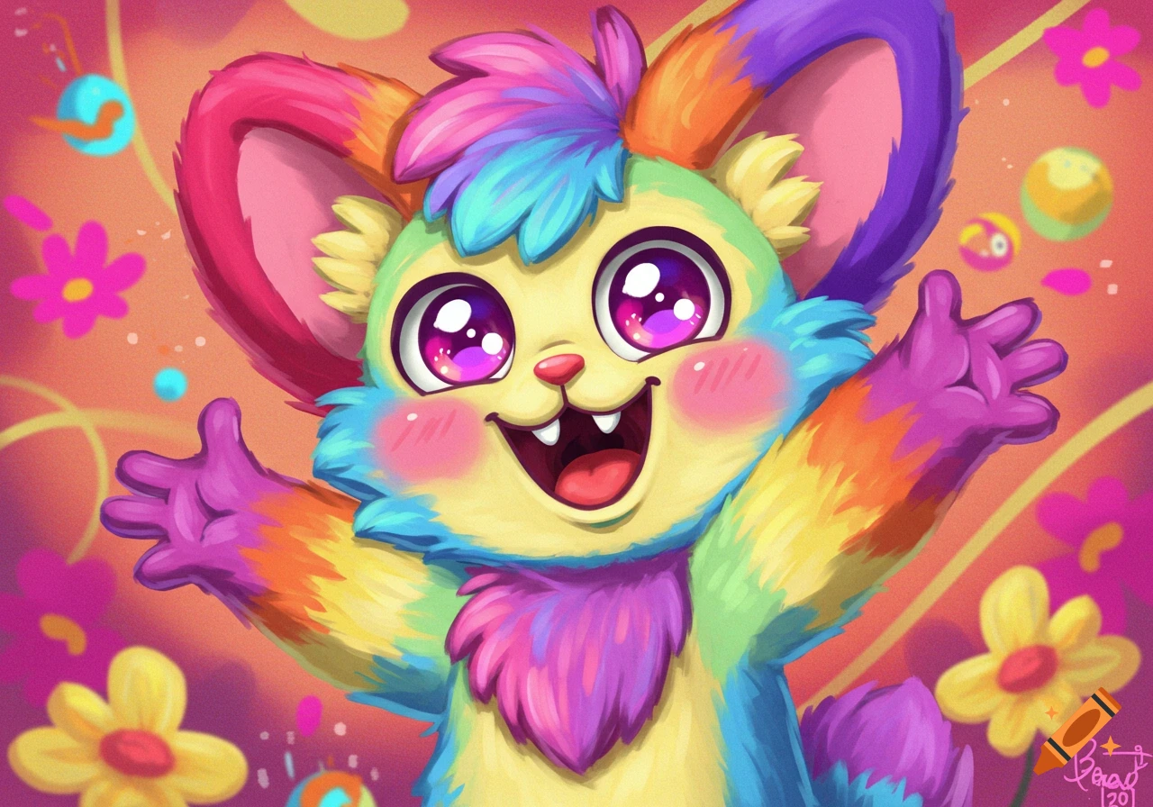 A bright, colorful, furry creature with large eyes and big ears raises its arms excitedly, digital art.