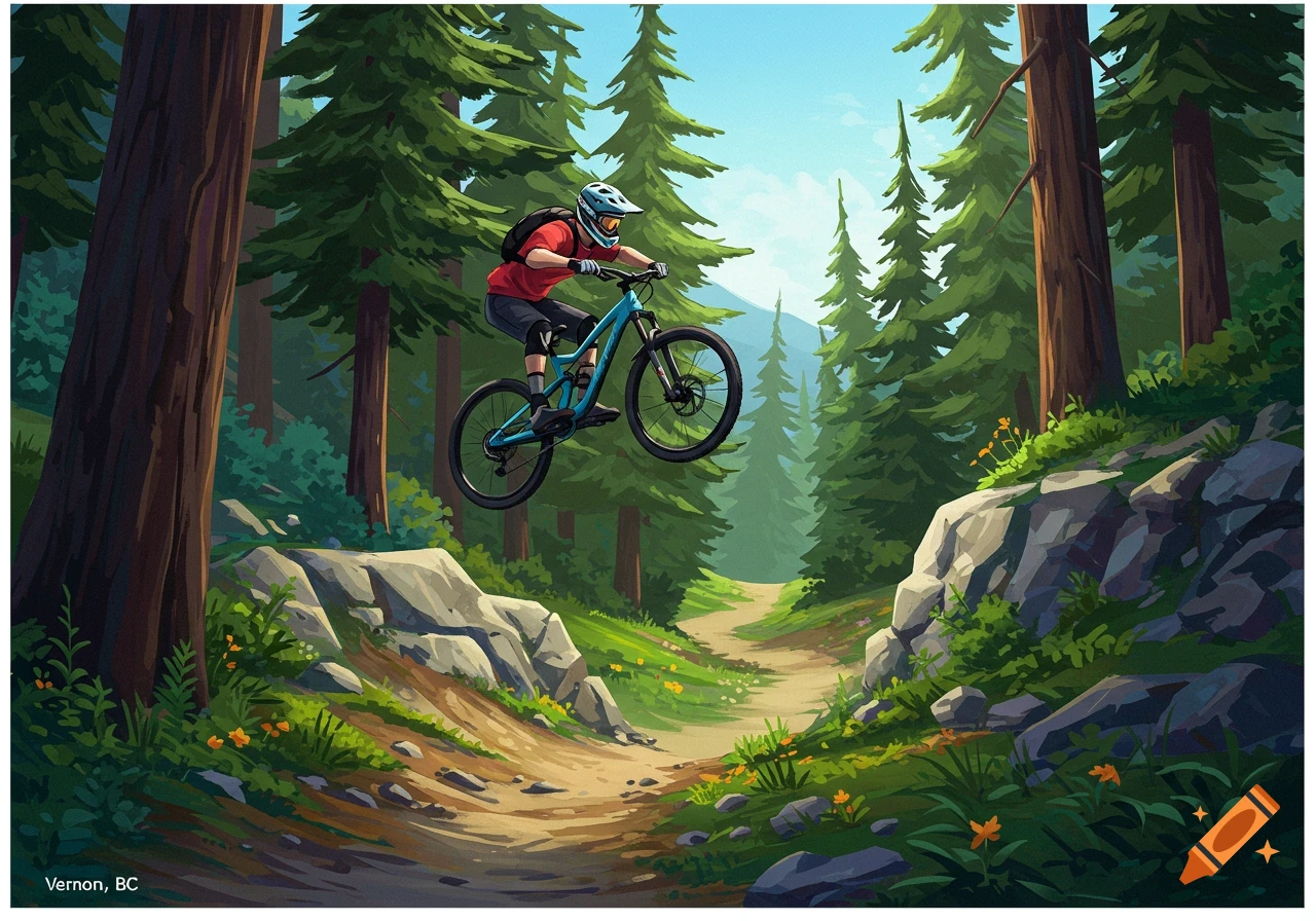 Illustration of a mountain biker jumping over a rock on a trail in a forest.