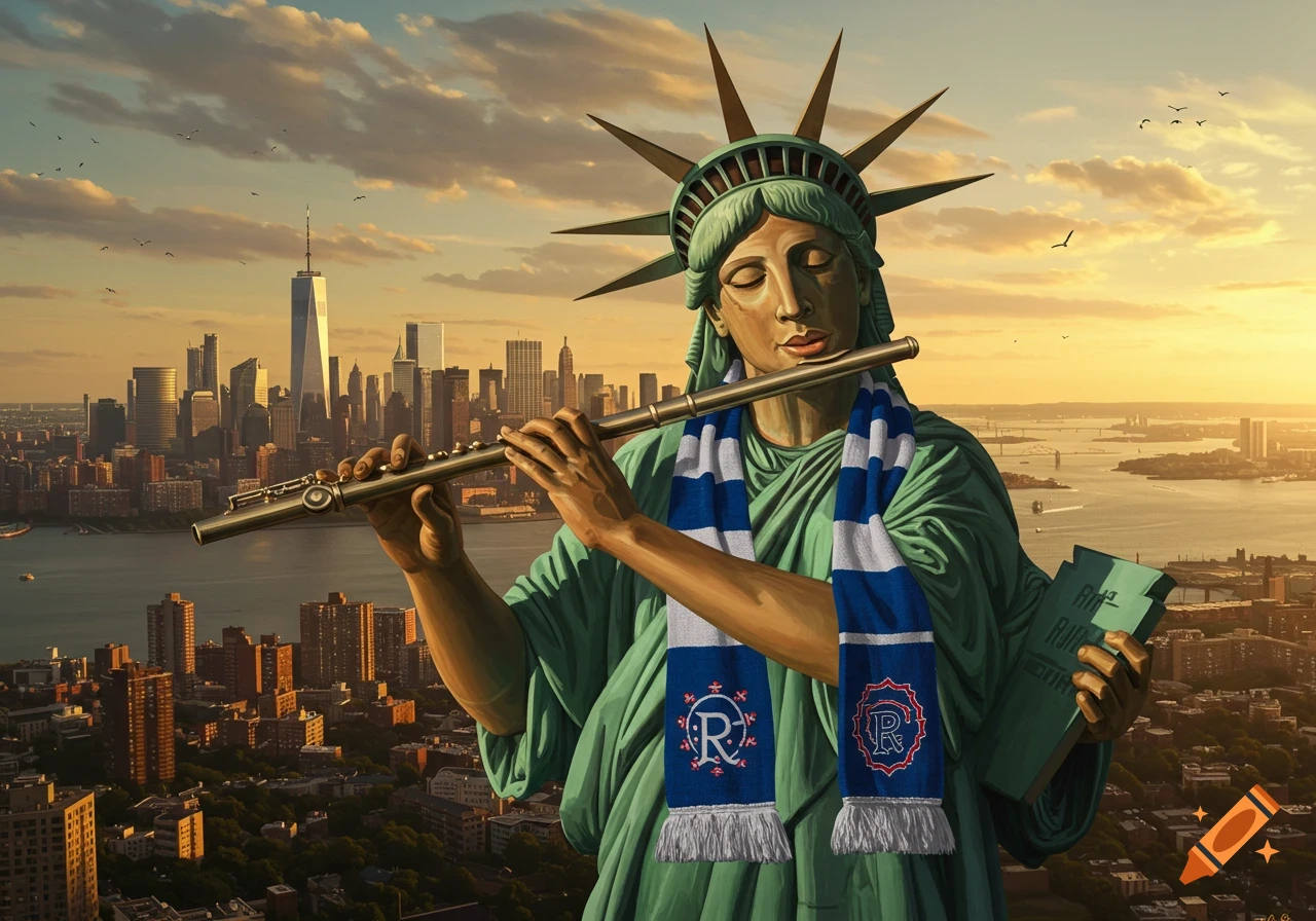 Statue of Liberty playing flute, wearing a scarf, overlooking the New York City skyline at sunset.