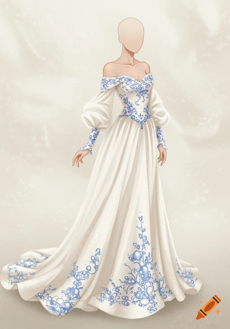 Stylized illustration of a person wearing a long white dress with off-the-shoulder sleeves and blue detailing.