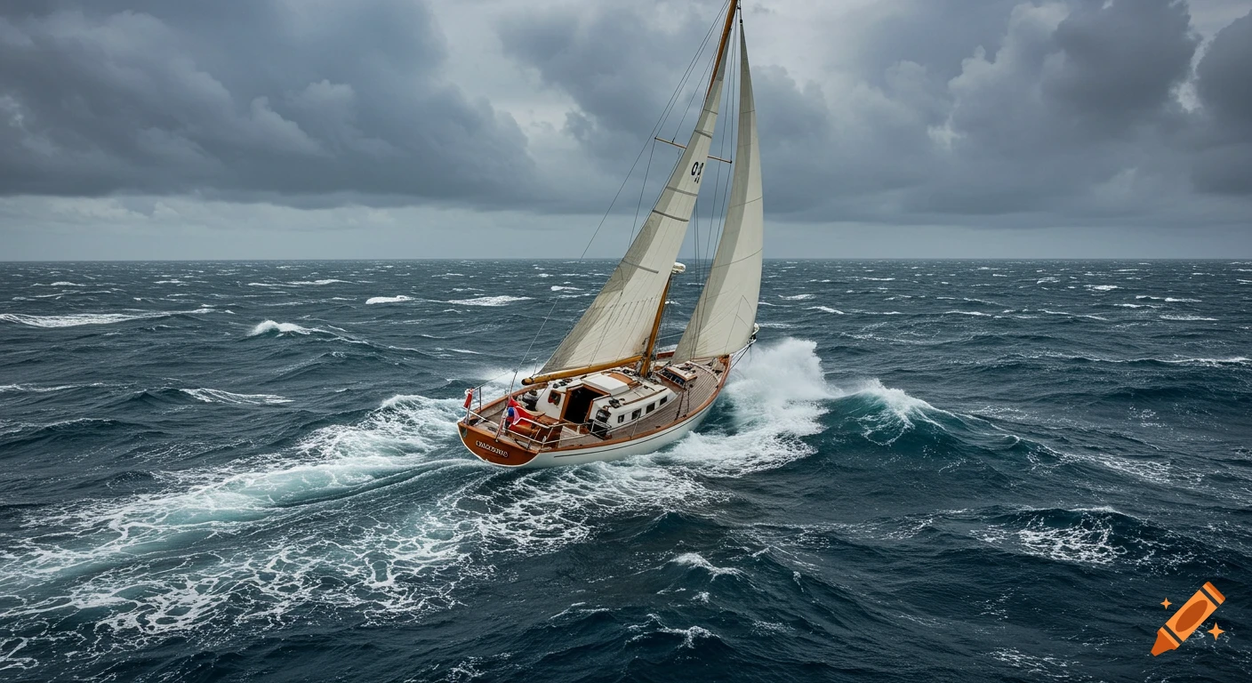 A sailboat navigates rough seas under a dark, cloudy sky.