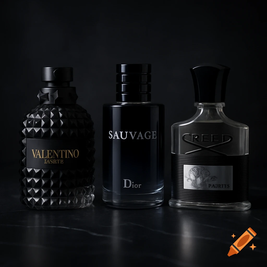 Three luxury men's perfume bottles (Valentino, Dior Sauvage, Creed) on a dark marble surface.