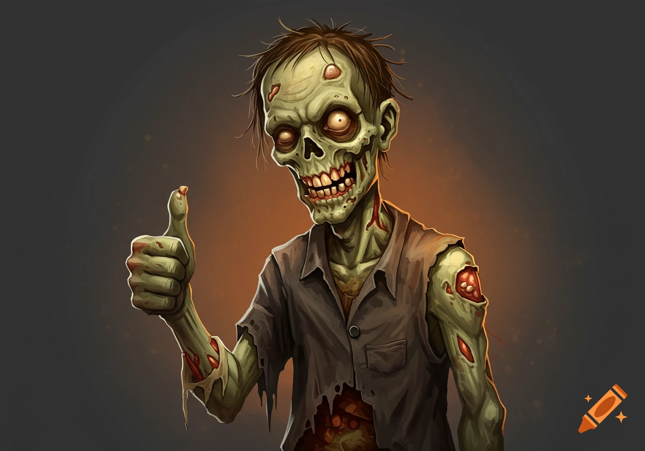A cartoon illustration of a zombie giving a thumbs up.