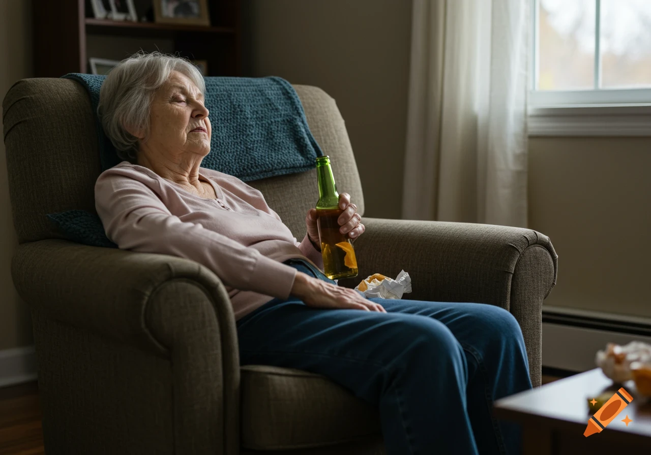 Elderly woman holding a beer and nodding off in a living room chair with wrappers nearby.
