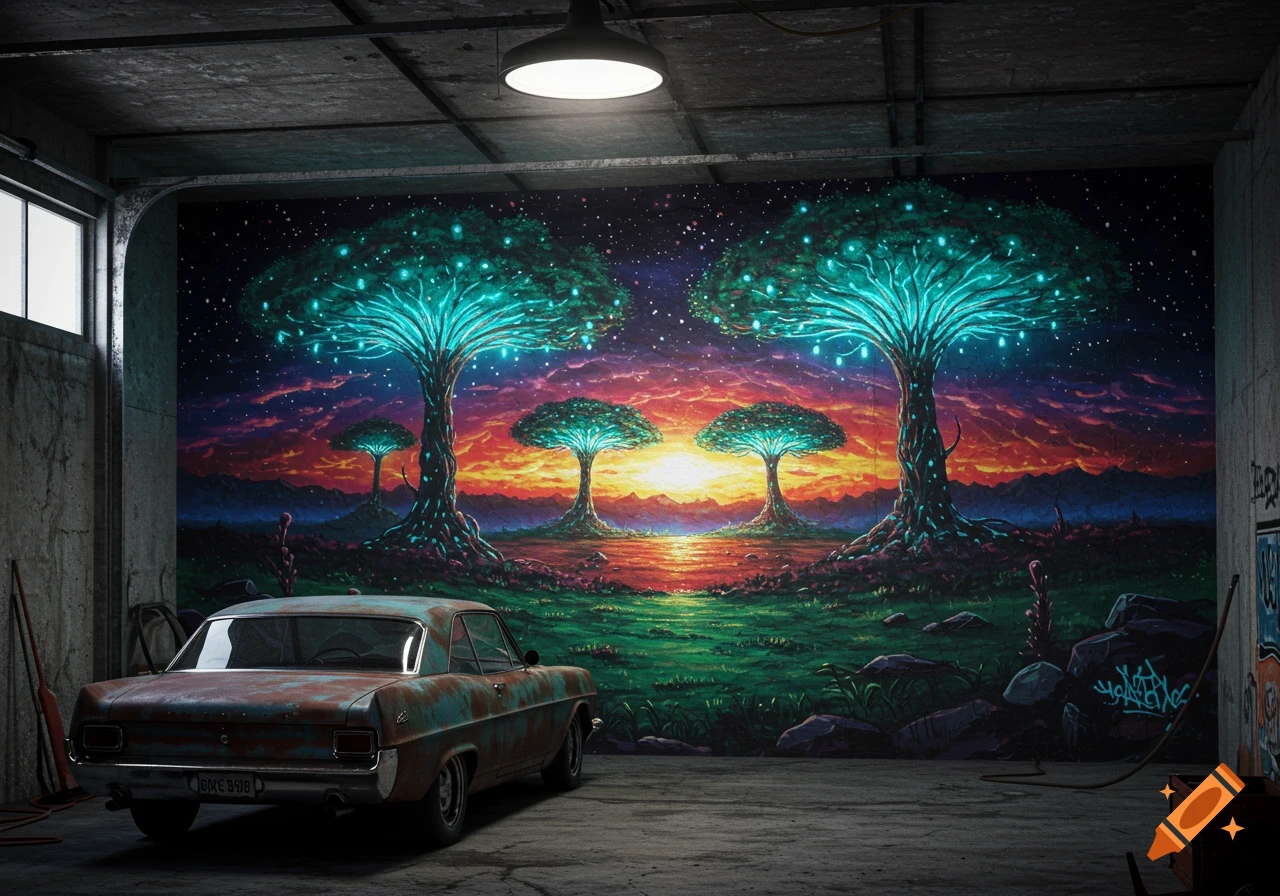 A rusty car parked in a garage bay faces a large mural depicting glowing fantasy trees under a colorful sunset sky.