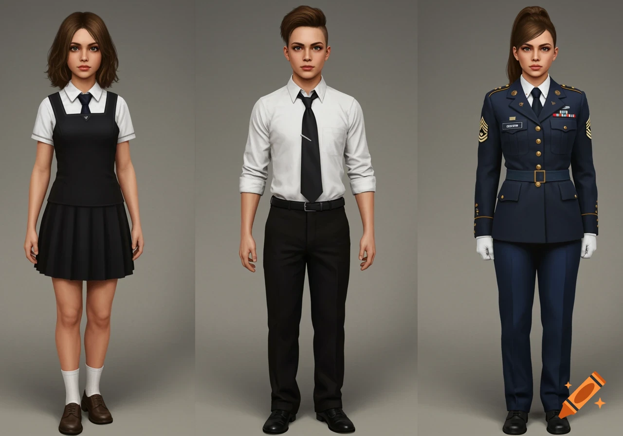 Three full-body views of a person in a school jumper, shirt and tie, and military uniform.