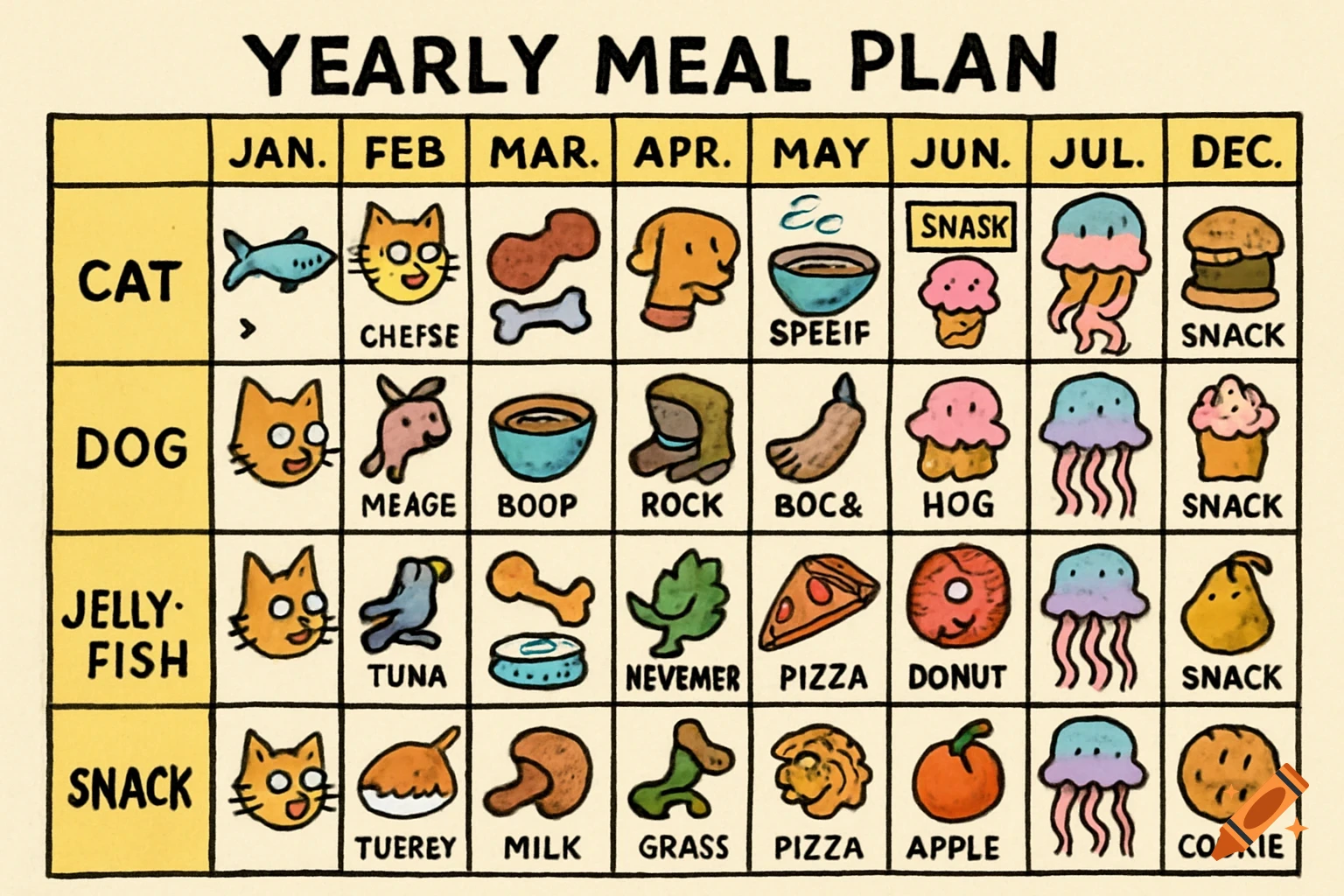 Cartoon chart titled "Yearly Meal Plan" for cat, dog, jellyfish, and snack, showing monthly food items with deliberately misspelled labels.