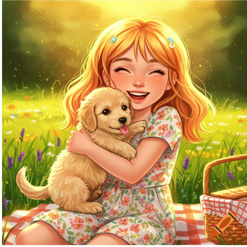 Illustration of a girl hugging a golden retriever puppy on a picnic blanket in a sunny field.