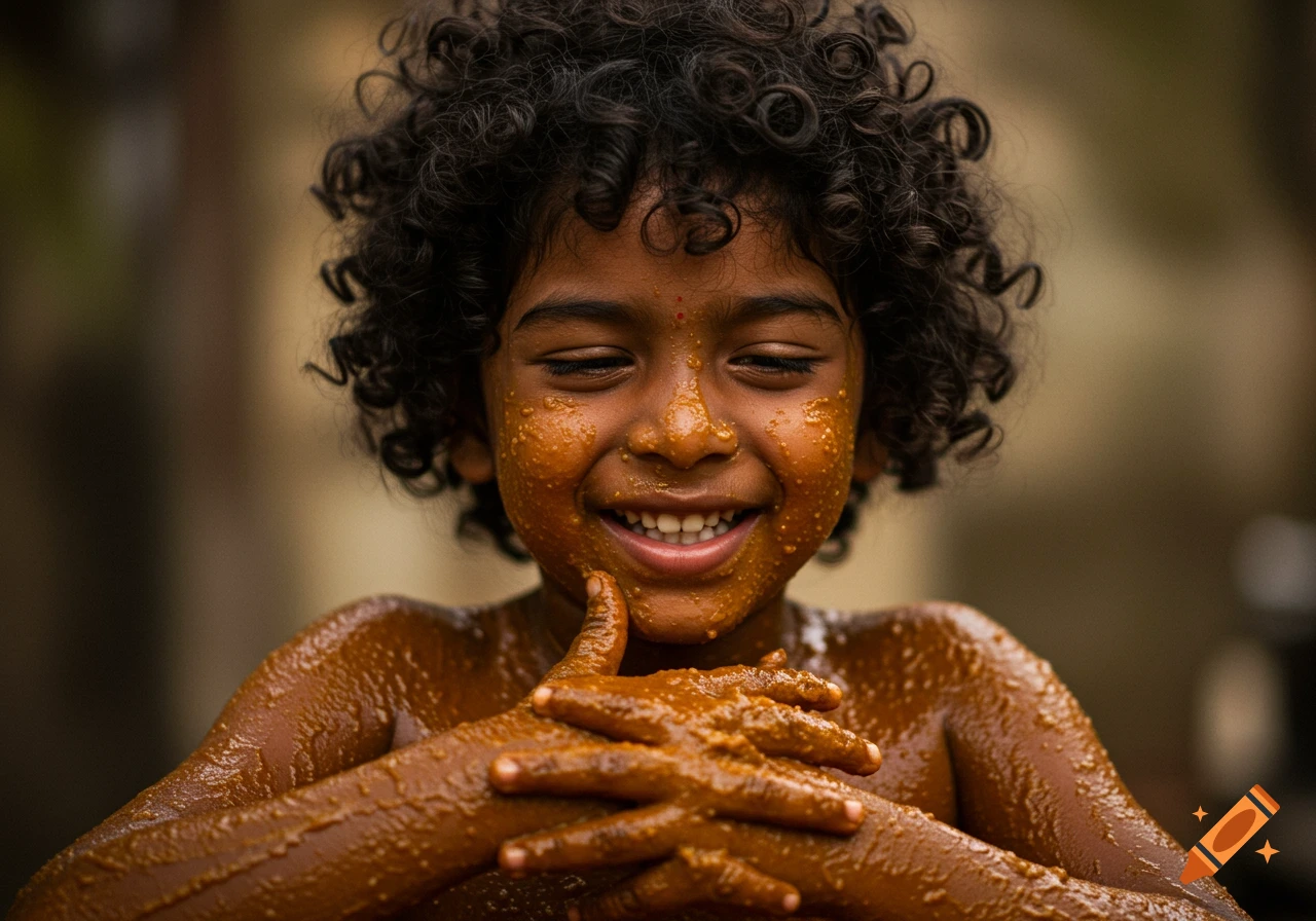 Young Indian child covered in yellow paste, smiling with eyes closed on ...