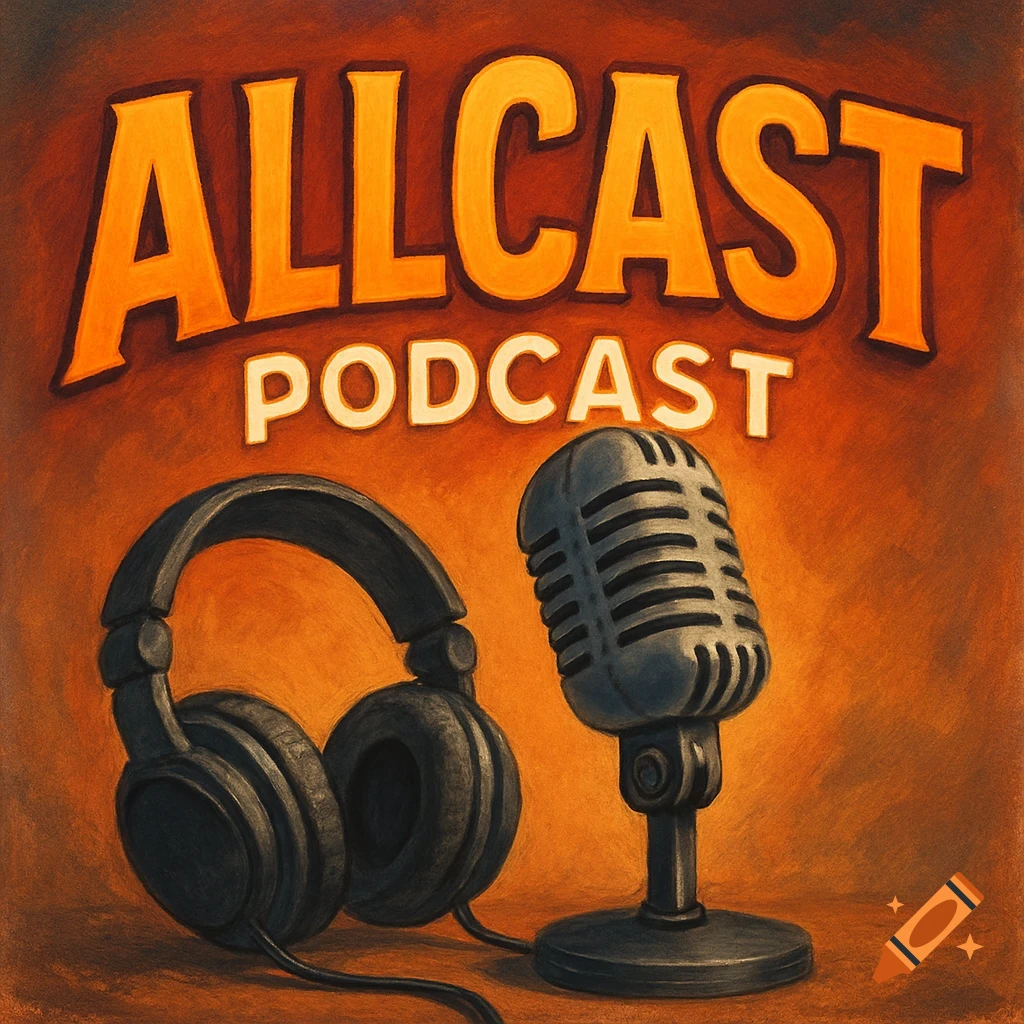 Painting of headphones and a microphone with 'ALLCAST PODCAST' above on an orange background.