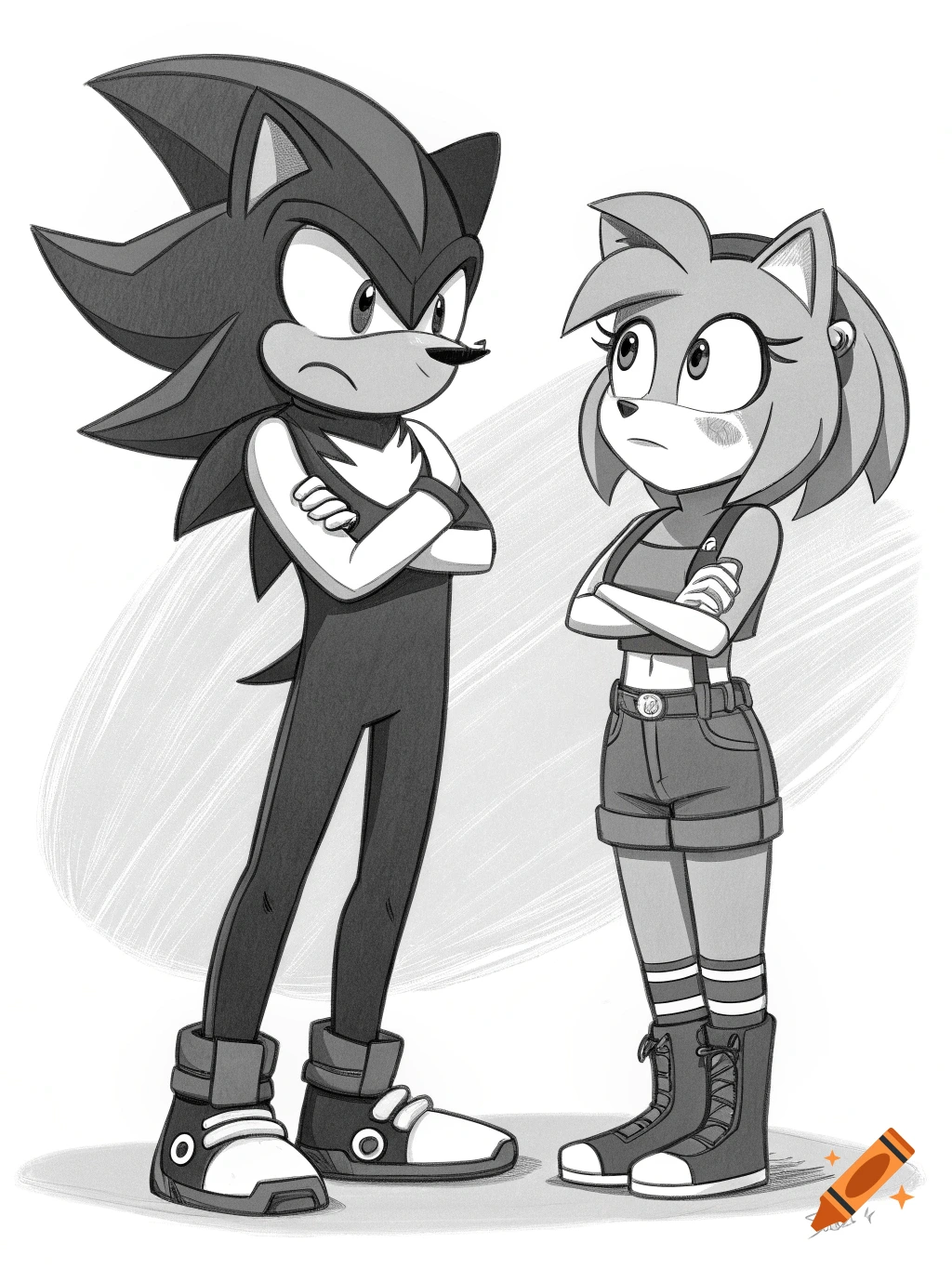 Black and white drawing of Sonic characters Shadow and Amy Rose with crossed arms.