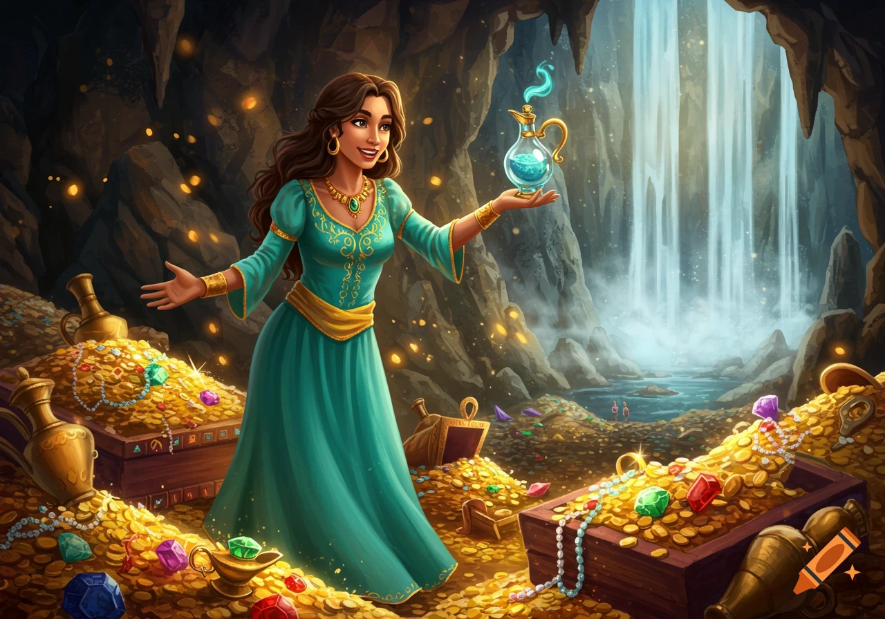 A woman in a turquoise dress holds a glowing bottle in a cave filled with treasure and a waterfall.