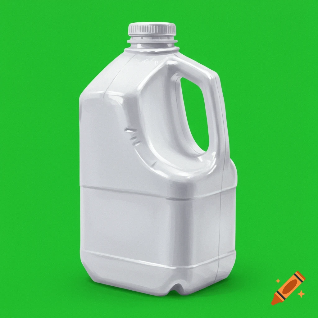 A white plastic milk jug stands against a solid green background.