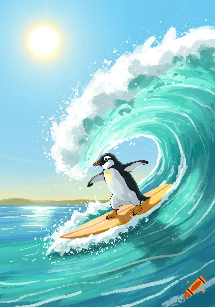 A cartoon penguin surfs a large wave in the ocean under a bright sun, illustration.