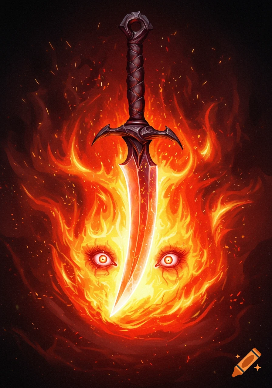 Dark fantasy illustration of a sword rising from a fiery entity with glowing eyes.