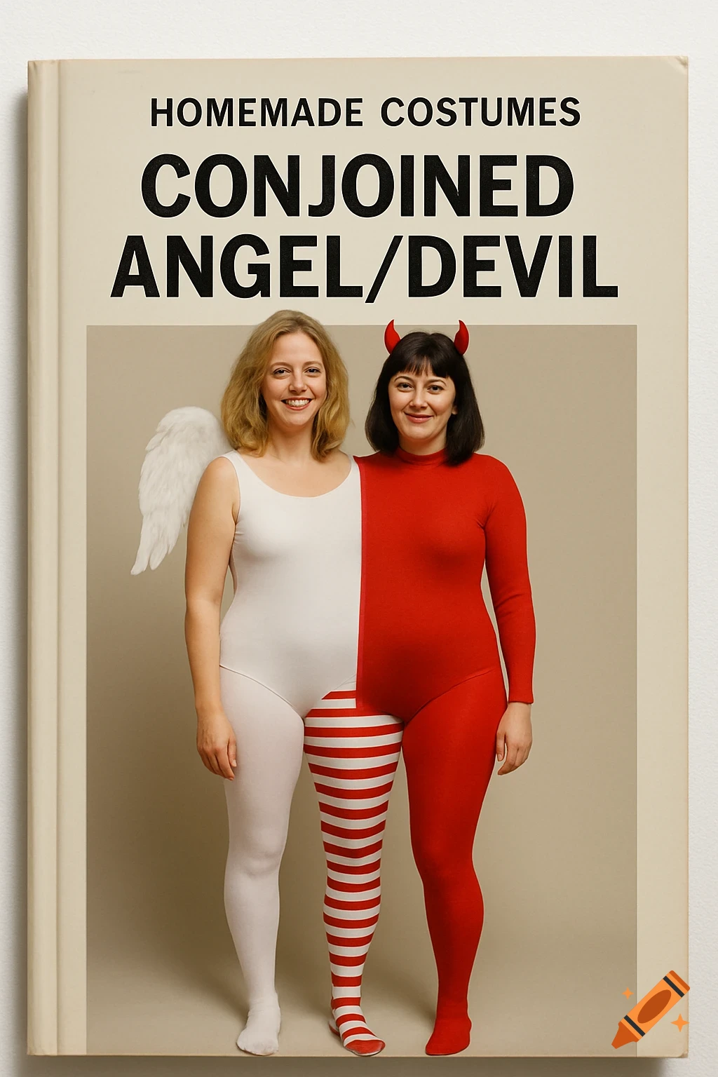 Book cover for 'Homemade Costumes Conjoined Angel/Devil' featuring two women in a single half-angel, half-devil costume.