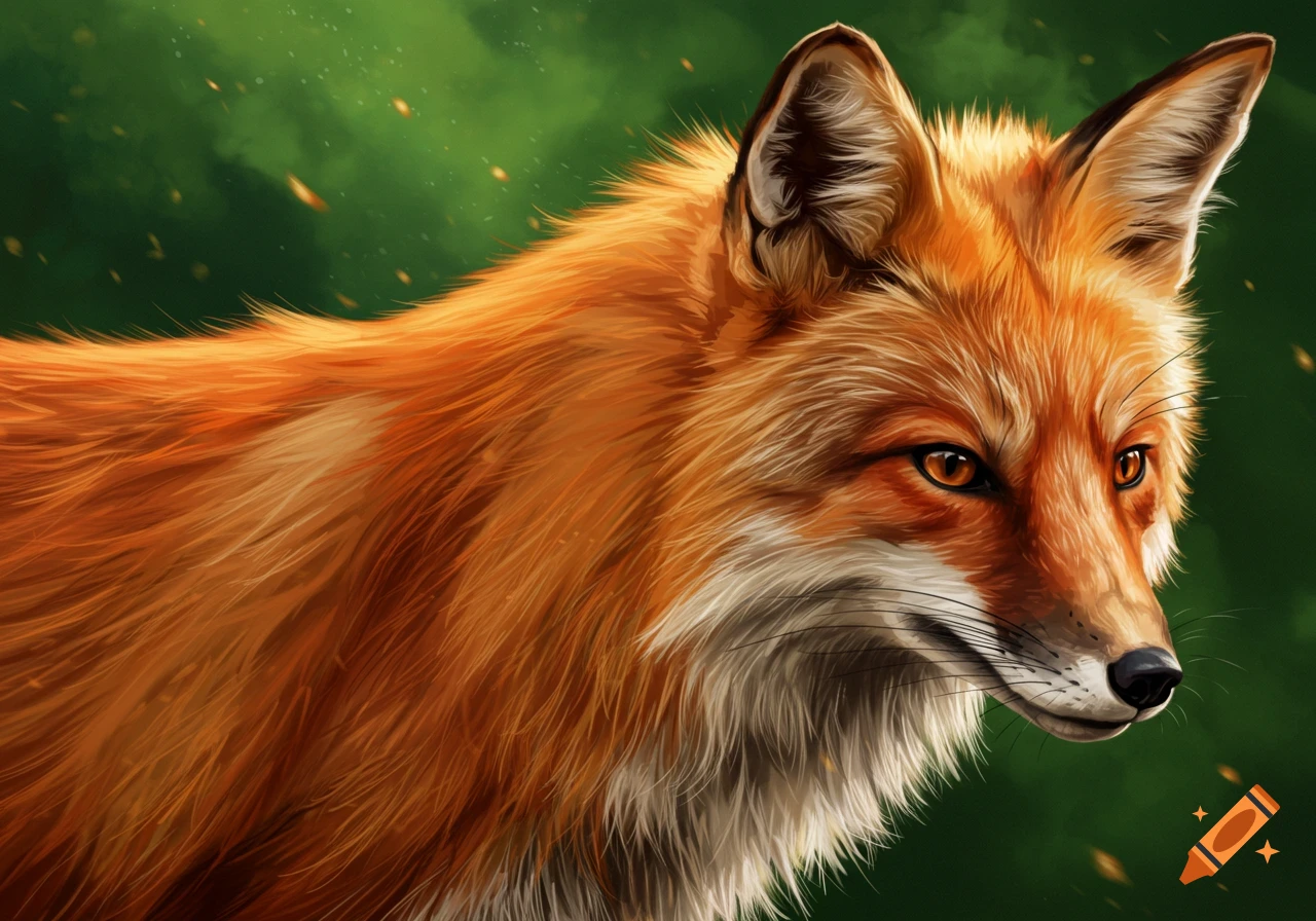 A close-up digital painting of a fox's head and shoulder with orange fur and bright eyes against a green background.