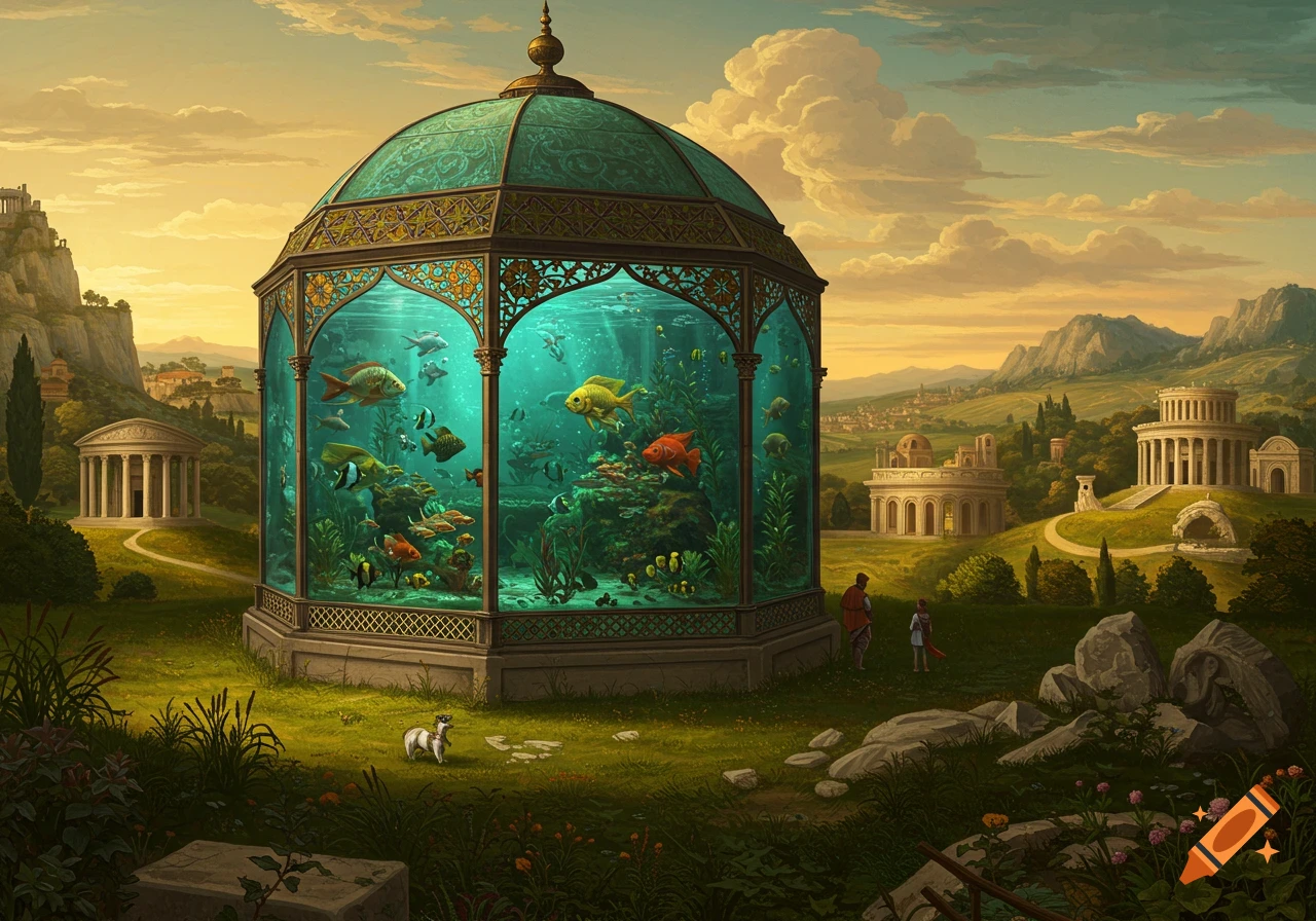 A giant aquarium in a renaissance landscape painting with fish, classical buildings, people, and a small dog.