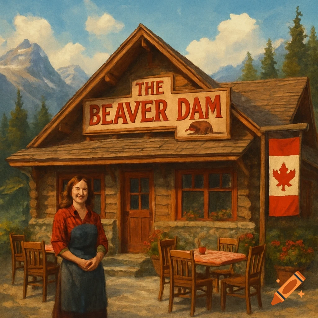 A woman stands in front of The Beaver Dam restaurant with a Canadian flag and mountains in the background, in a painting style.