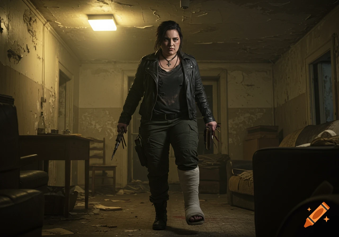 A rugged woman with a leg cast holds weapons in a dilapidated room. on ...