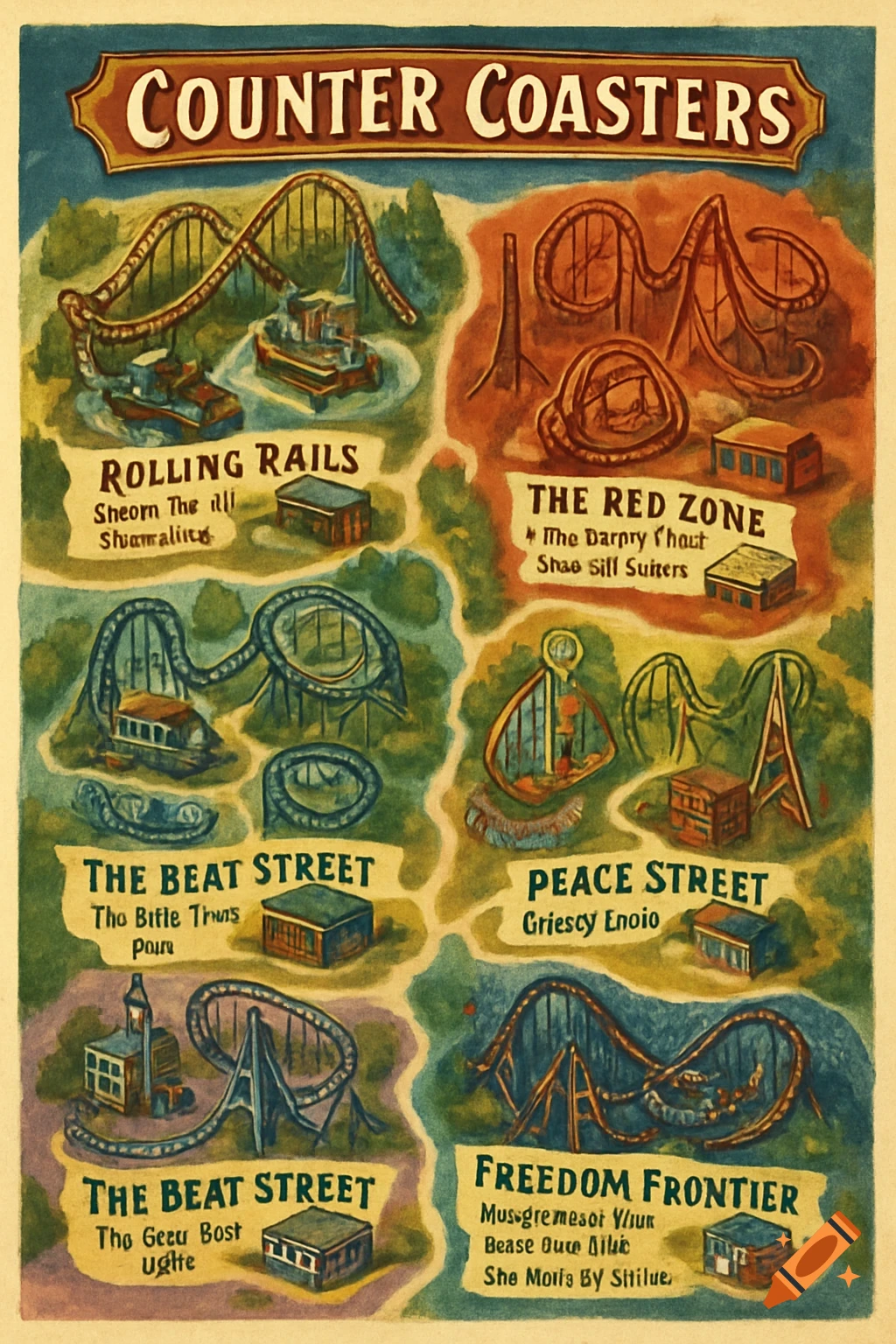 An illustrated map of a theme park called Counter Coasters, showing different themed areas and roller coasters in a vintage style.