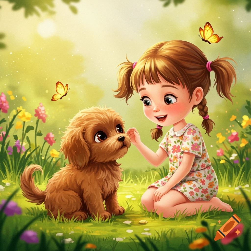 Cute girl playing with a puppy in a sunny garden illustration with butterflies.