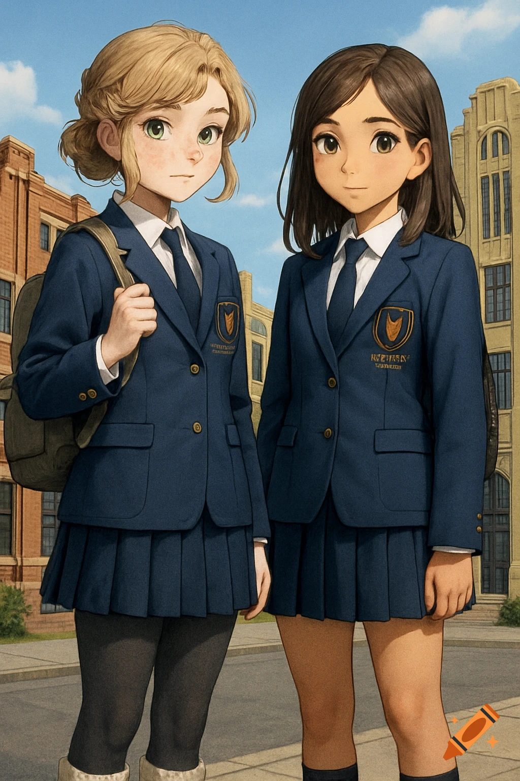 Two anime girls in school uniforms stand outside a building.