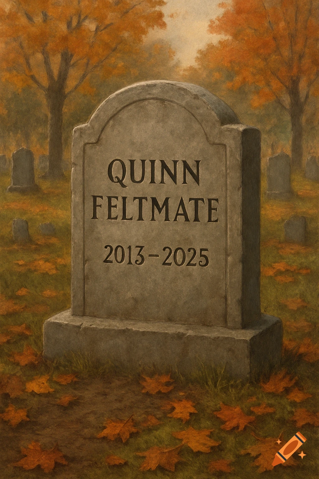 A tombstone with text in an autumn cemetery.