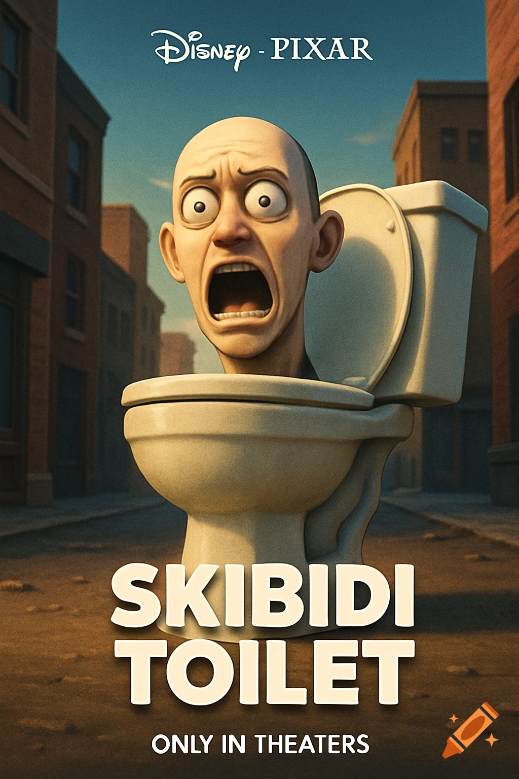 A bald head with a shocked expression pops out of a toilet on a city street. Styled as a Disney Pixar movie poster with titles 'SKIBIDI TOILET'.