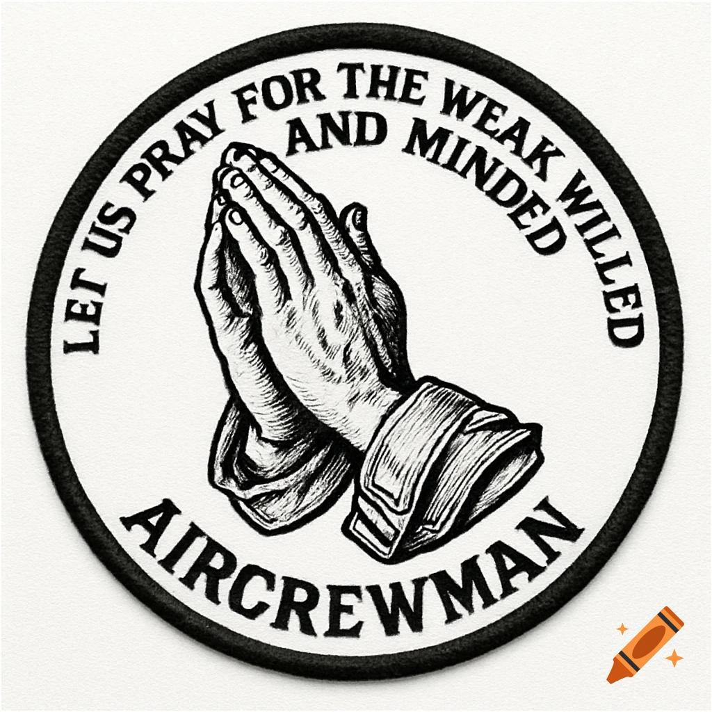 Black and white circular patch with praying hands and text 'LET US PRAY FOR THE WEAK WILLED AND MINDED AIRCREWMAN'.
