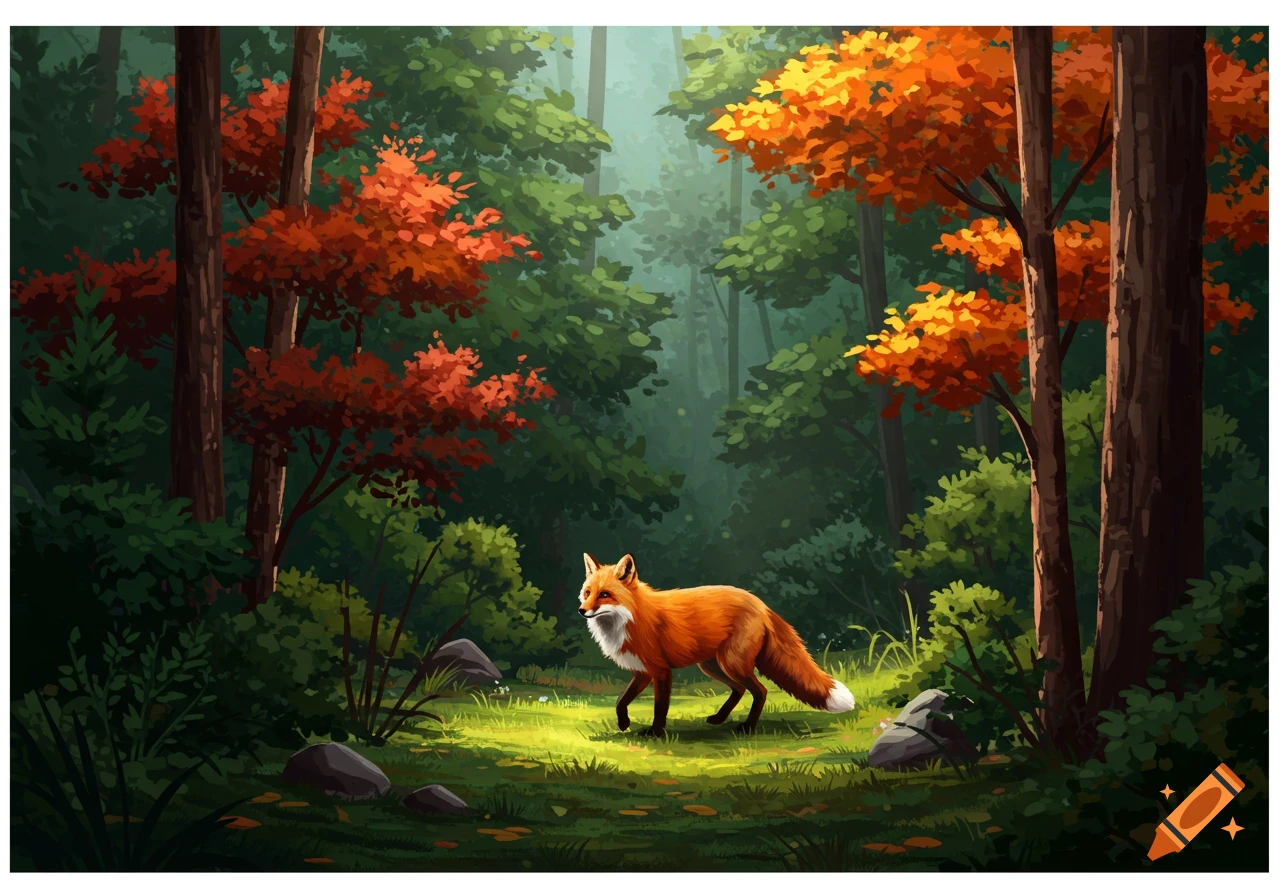 A fox walks through an autumnal forest. Stylized illustration.