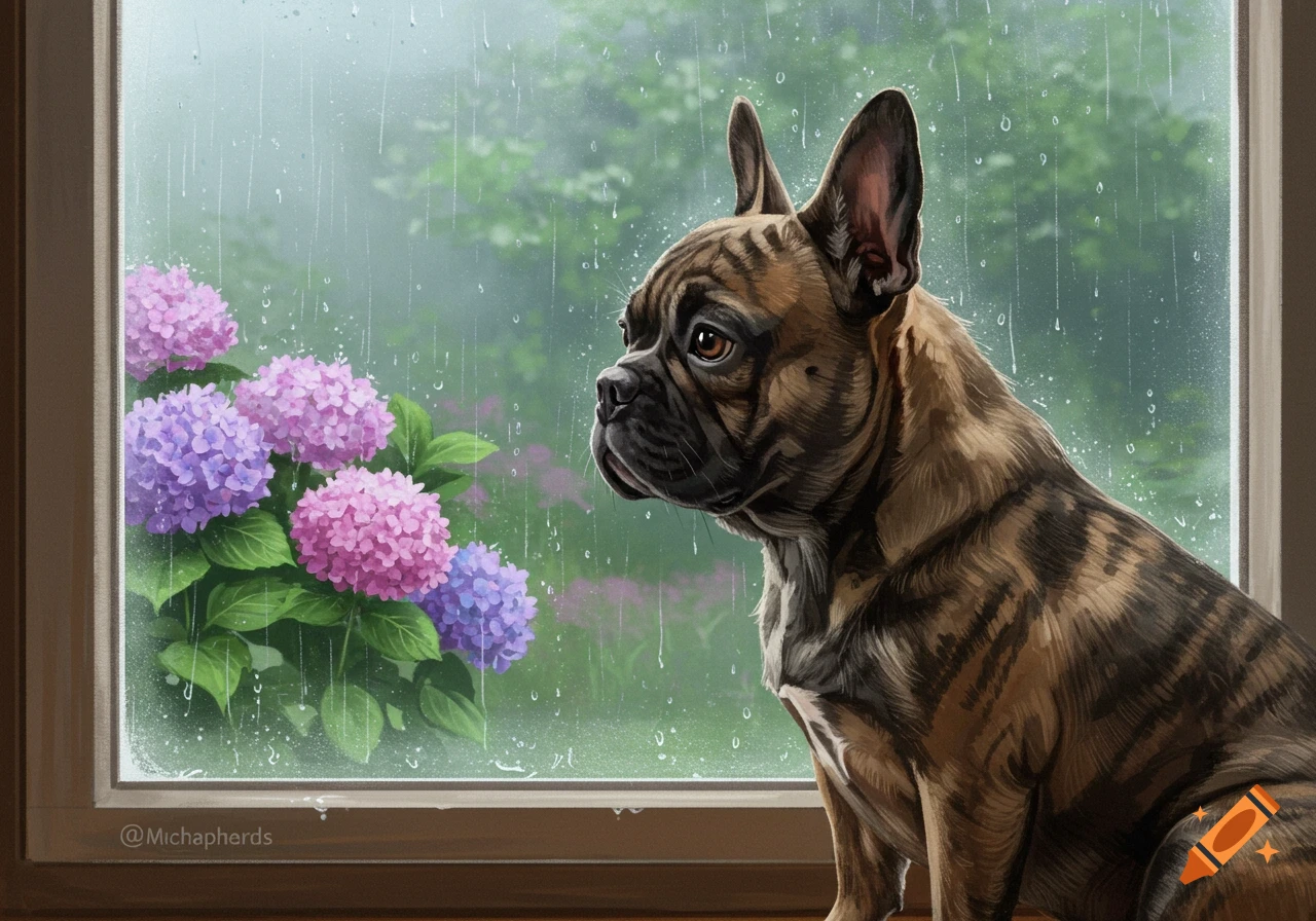 French bulldog sits by a window watching rain with hydrangeas outside