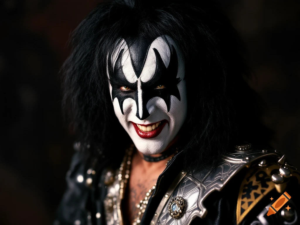 Close-up portrait of a person wearing Kiss makeup and costume.