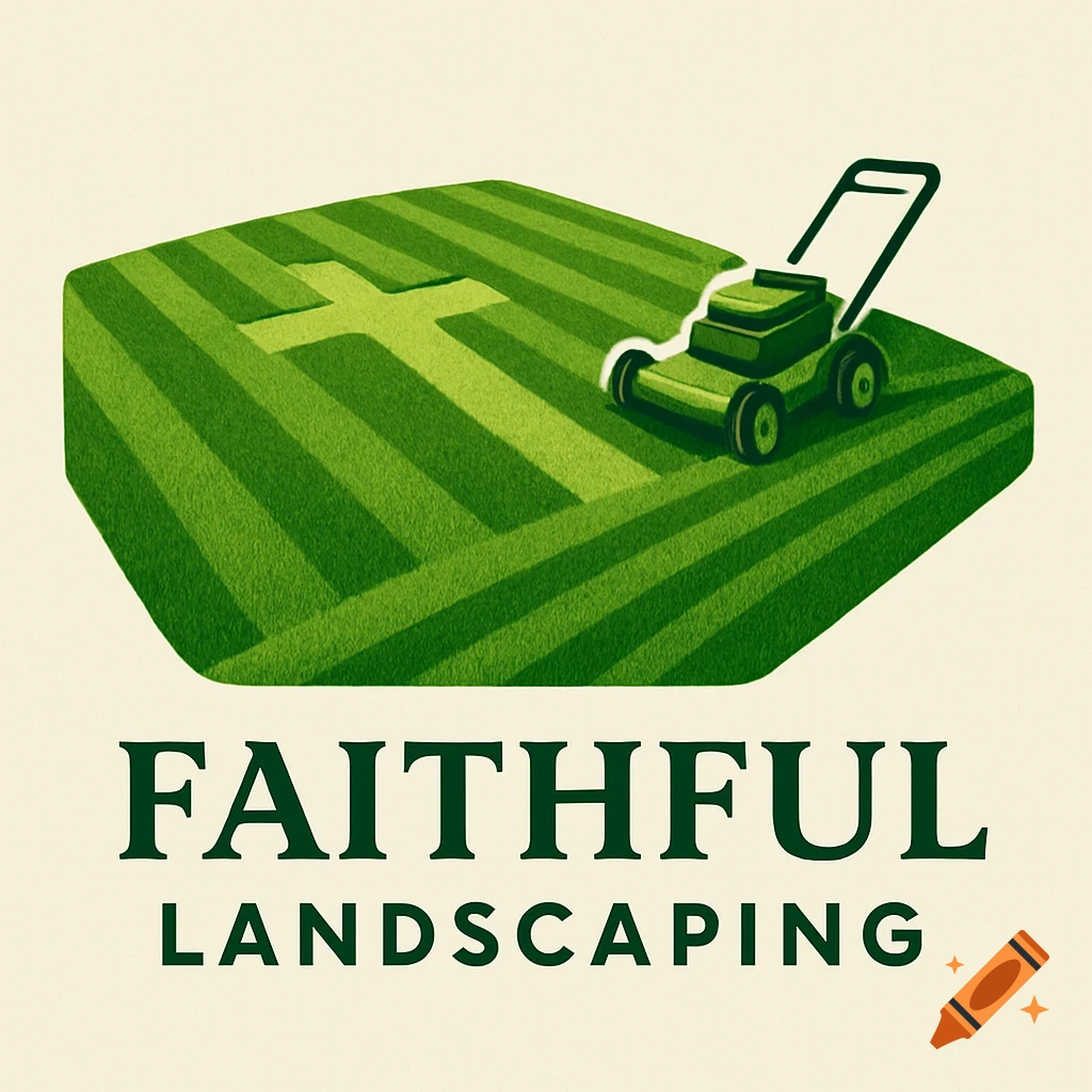 A logo shows a lawnmower on a patch of green grass with a cross mowed into it, above the words "FAITHFUL LANDSCAPING".