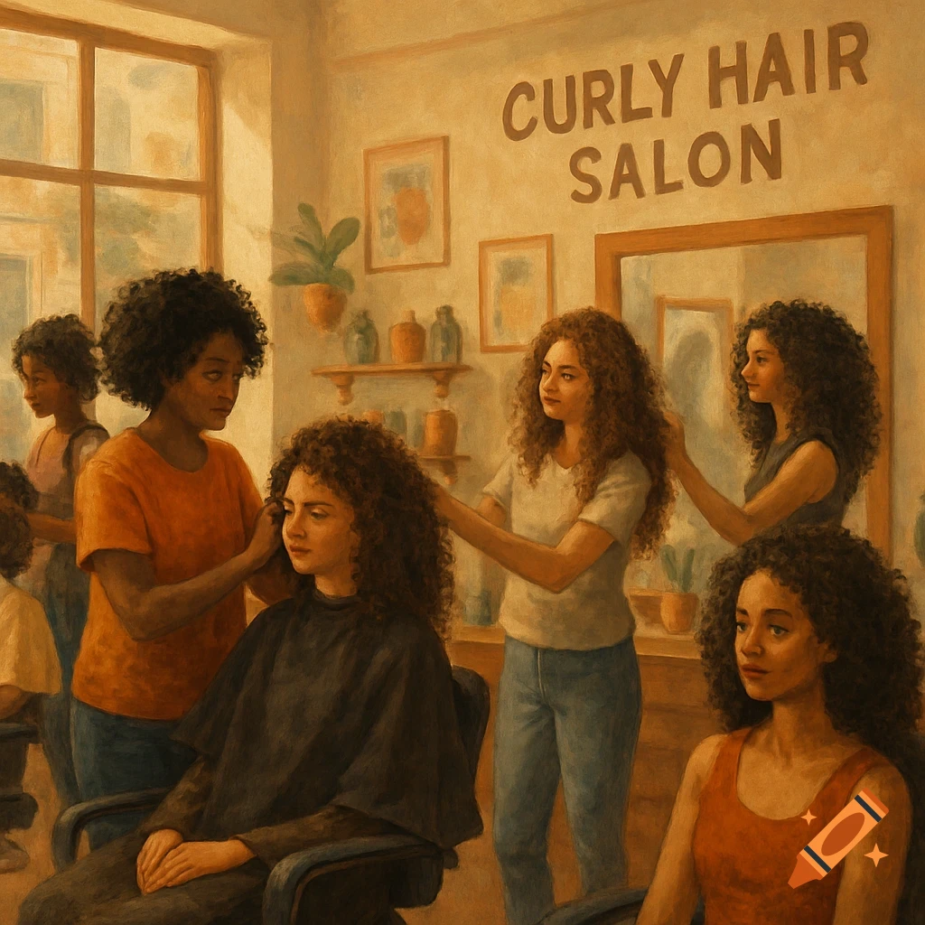 Illustration of people working and getting their hair done in a curly hair salon.